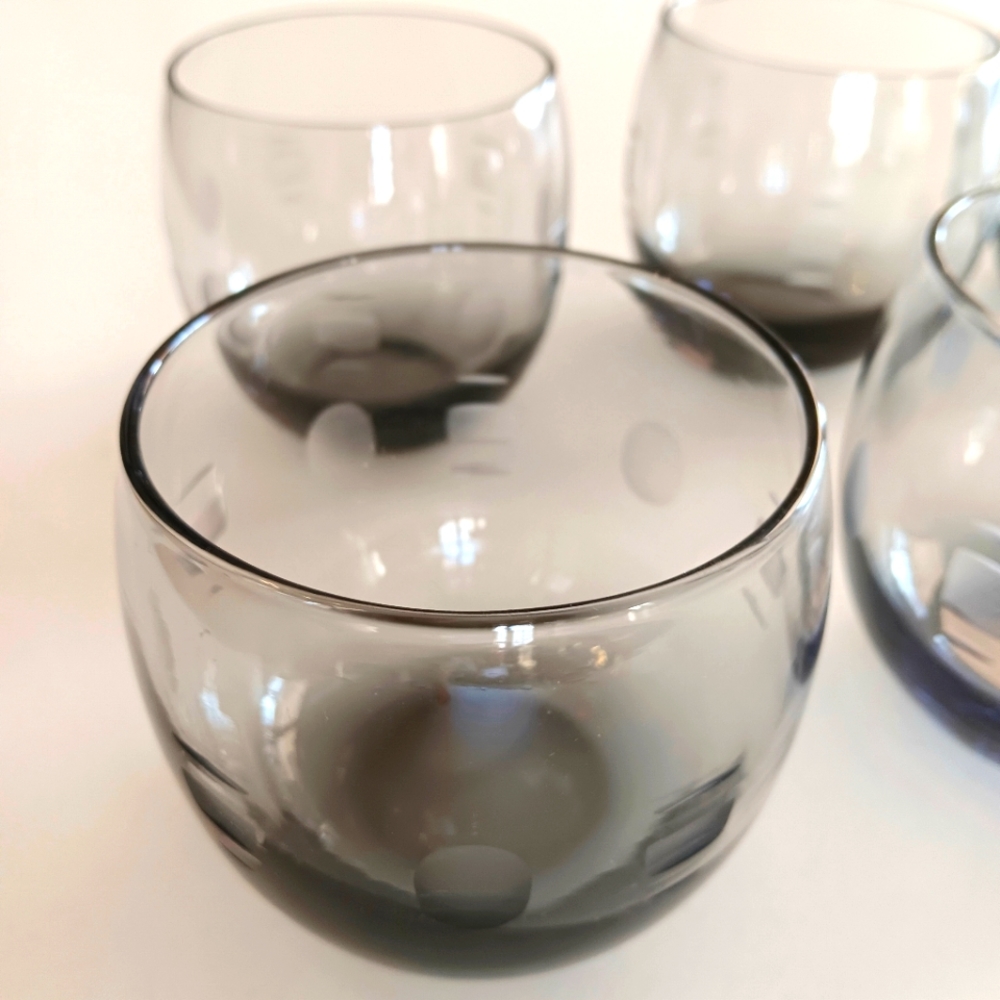 Vintage 6 smoked, etched, rounded highball glasses. 12 oz. Mid-century Modern